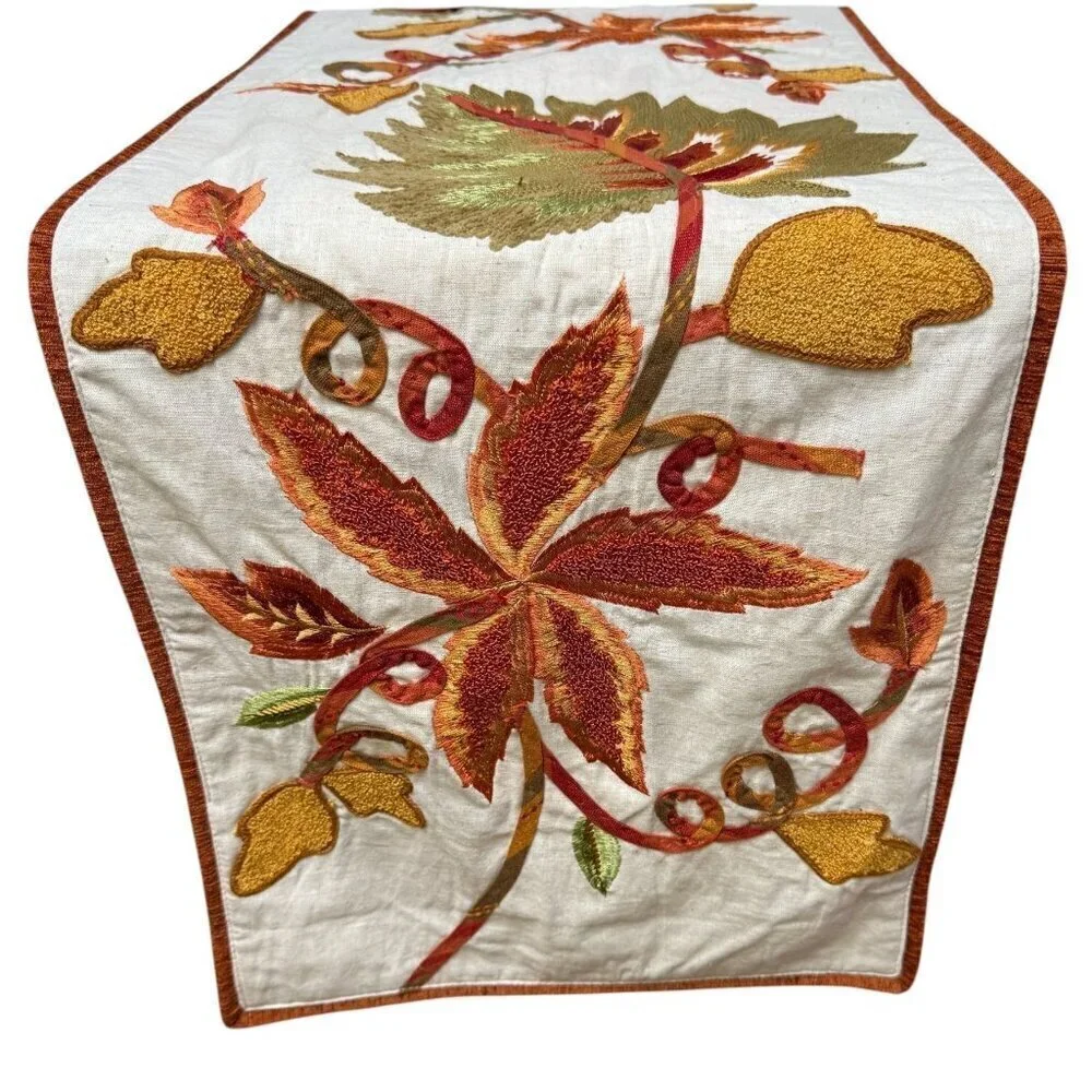 PIER 1 IMPORTS Table Runner Embroidered Harvest Floral and Leaves 14x70